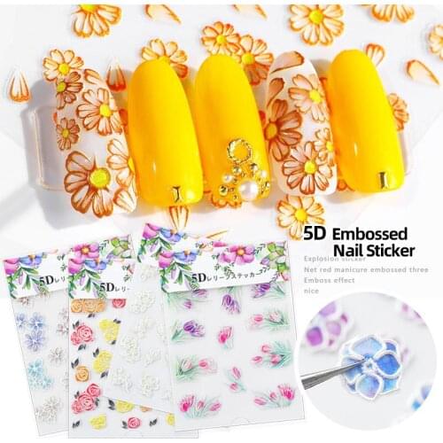 5D Flower Nail Stickers Embossed Nail Sticker Slice Flower Transfer Sticker Nail Art DIY Design 5D Decoration Nail Art