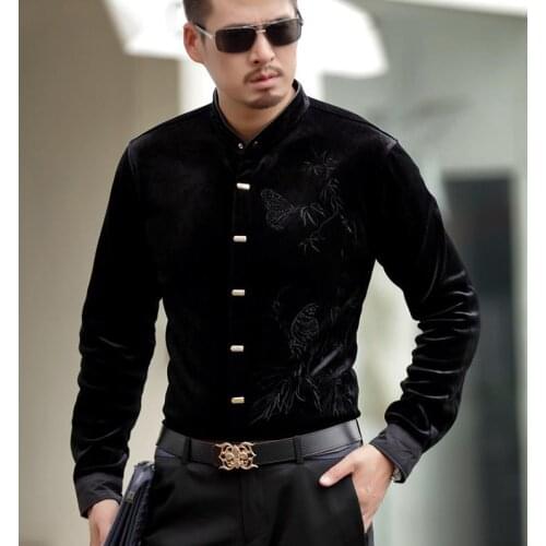 Luxury Top Fashion Mens Silk Velvet Long Sleeve Black Blue Autumn Winter Thick Warm Dress Shirts