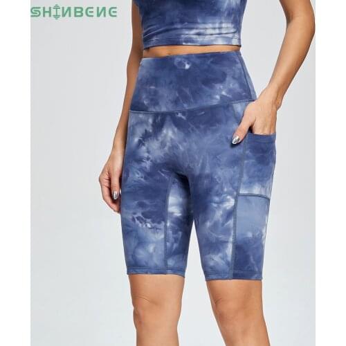 SHINBENE TIE DYE High Waist Fitness Sport Yoga Shorts Women Sweat-Wicking No Camel Toe Gym Athletic Biker Shorts with Pocket