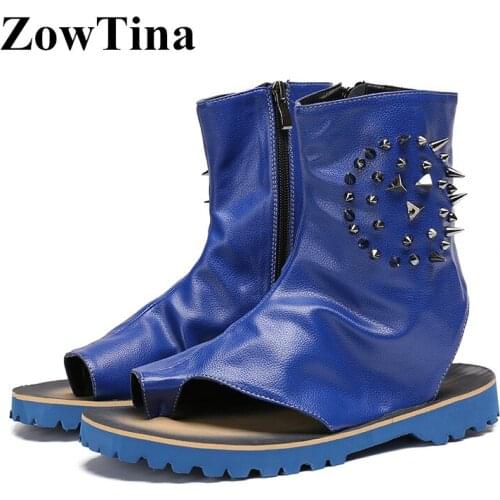 Blue Leather Men Flats Sandals Rivets Decor Summer Boot Shoes Man Gladiator Fashion Flip Flops Beach Sandalias Masculino Shoes