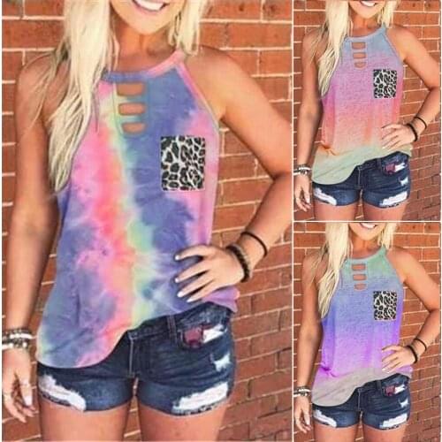 Tie Dyed Leopard Print Pocket Sleeveless Tops Womens Summer Casual Vest Ladies Fashion Round Neck Tank Tops T-Shirts