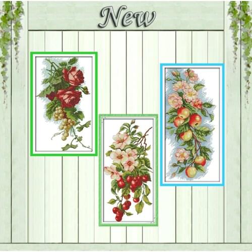 Flowers apples Cherry fruit Grapes rose painting counted print on canvas DMC 11CT 14CT Cross Stitch kit needlework Set embroider