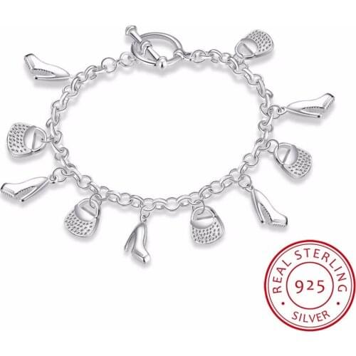 Lekani Hot 925 Sterling Silver High-heeled Shoes Bag Charms Bracelets Pulseiras De Prata Fine Jewelry Women Party Exquisite Gift