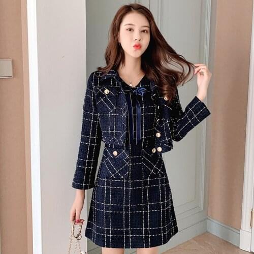 Plaid Tweed Wool Short Jacket + Sleeveless Vest Dress Suit 2019 Winter Women Bow Pocket Jacket Set Blue Black 2-Piece Dress A059