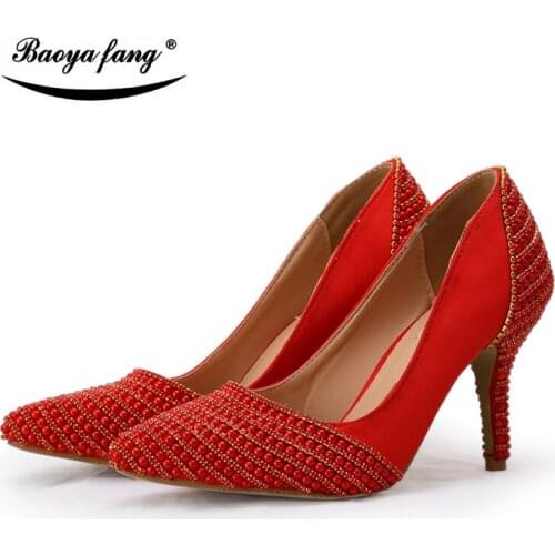 BaoYaFang Red beads 8cm pointed toewedding shoes Bride Bridesmaid party dress shoes woman female crystal Pumps