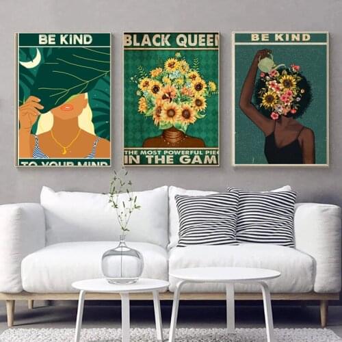 Black Girl Mental Health Be Kind To Your Mind Canvas Painting Posters Prints Wall Art African Woman Retro Pictures Home Decor