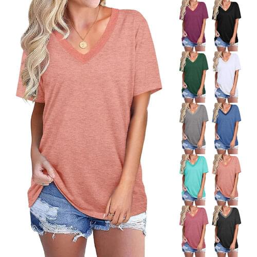 V Neck Tshirt Womens Summer Casual Oversize Shirt Tops Loose Female Tee Short Sleeve Clothes
