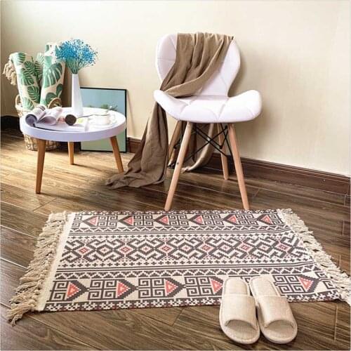 Nordic Style Geometric Cotton Foot Pads with Tassels Waterproof Non-silp Area Rugs for Household Kitchen Doormat Home Decor