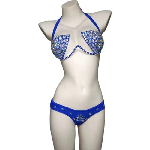 Sexy Blue Rhinestone Lace Up Bikini Suit Women Halter Crystal Bra Shorts Stage Outfit Sets Nightclub Pole Dance Performance Wear