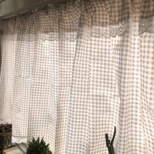 Korean Style Beige Coffee Lattice Cotton Kitchen /Bathroom Semi Curtain Home Decorative Short Curtain Partition curtain