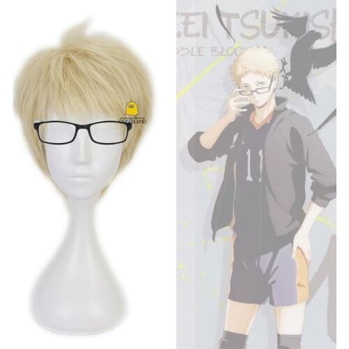 Anime Haikyuu Kei Tsukishima Cosplay Wig Short Light Blonde Wig Heat Resistant Fiber Yellow Hair with Wig Cap Party Role Play