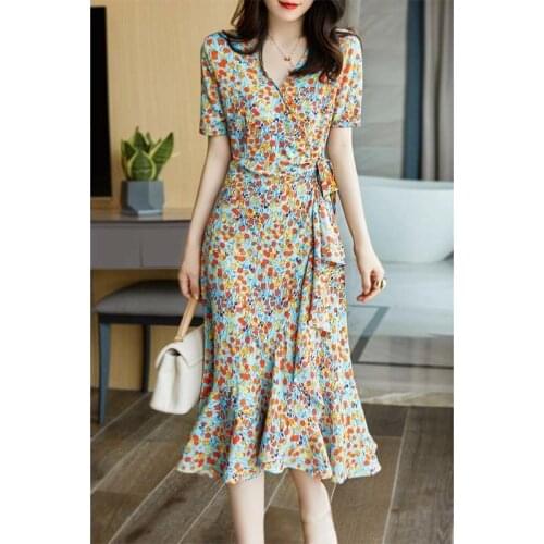 Summer Beach Maxi Dress Women Floral Print Boho Long Chiffon Dress Ruffles Wrap Casual V-Neck Split Sexy Party Dress Robe