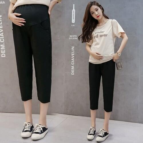 Summer Linen Breathable Maternity Straight Pants Adjustable Belly Pregnant Pants Casual Loose Pregnancy Three Quarter Trousers
