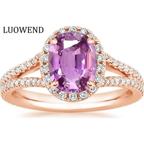 LUOWEND 18K White Gold (AU750) Women Wedding Ring Natural Pink Sapphire Pear/Oval/Rectangle Shape Engagement Diamond Ring