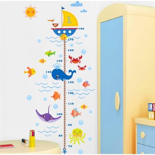 Cartoon Diy Seabed Fish Shark Bubble Growth Chart Wall Stickers For Kids Room Home Decor Pvc Height Measure Wall Decals Art