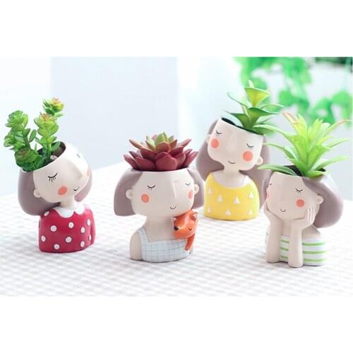 Cartoon Teenager Resin Flower Pot Ornaments Figurines Potted Plants Holder Female teenager Potted Plants Desktop Decor