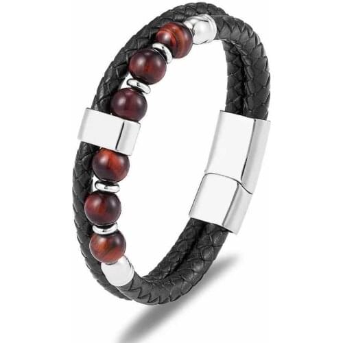 2021 new 8mm natural stone mens Bracelet Black Leather Magnetic Clasp Bracelet 19 / 21 / 23cm mens jewelry