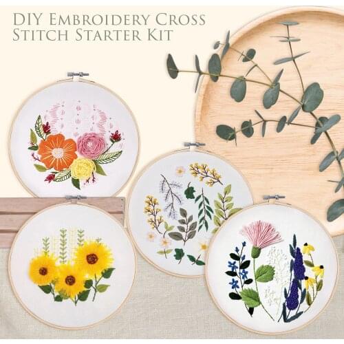 4 Sets DIY Embroidery Cross Stitch Starter Kit Including Embroidery Cloth Hoops Threads Needles for Beginners 20cm Diameter