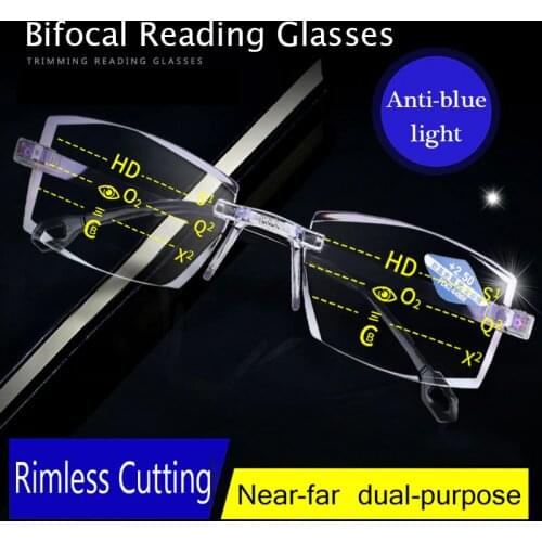 2021 Men Women Rimless Bifocal Reading Glasses Anti Blue Light Far Near Magnification Eyewear Presbyopic Glasses +150 +200
