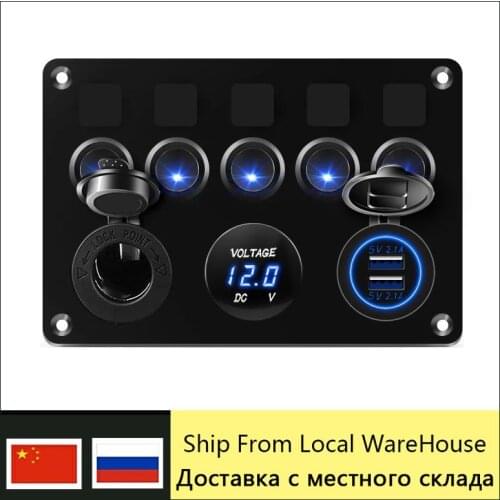 5 Gang Car Boat Switch Panel Waterproof USB Voltmeter Power Socket Panel 12-24V For Yacht Caravan Truck