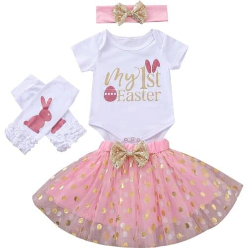 Newborn Baby Girls Easter 4-piece Outfit Set Short Sleeve Romper+Tutu Skirt+Headband+Leg Warmers Set