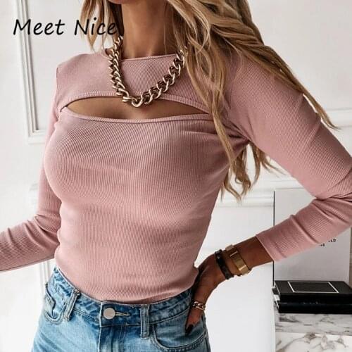 Sexy Cut Out Long Sleeve Tops Women T-shirts O Neck Slim Fit Knit Tee Top Black Casual Streetwear Tshirt Woman Clothes