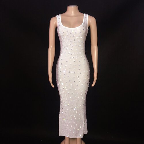 Silver Rhinestone White Sleeveless Dress Bar Dance Singer Club Prom Show Outfit Birthday Celebrate Stretch Long Dress