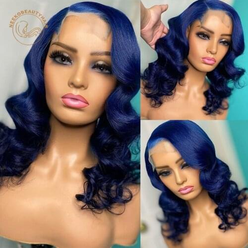Blue Lace Frontal Wigs Dark Blue Wavy 13X4 Lace Front Wig 180% Density Colored Human Hair Wigs Body Wave Hiar Closure Wigs
