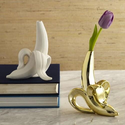 Matte White Gold Banana Vase For Flower Scandinavian Home Decor Ceramic Pendant Rose Holder Table Small Mouth Bottle for Flower