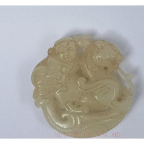 YIZHU CULTUER ART Collection Old China Jade Hand Carving Kylin Boy Statue Pendant Wonderful Gift