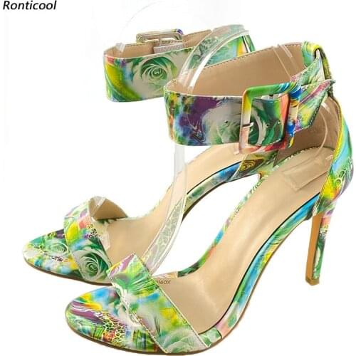 Ronticool New Fashion Women Ankle Strap Sandals Print Stiletto Heel Open Toe Gorgeous Multi Color Dress Shoes US Size 5-14