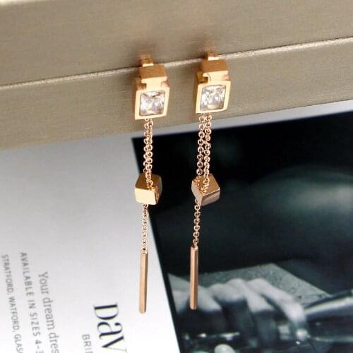 Fashion Crystal Love Perfume Bottle Chain Square Dangle Drop Earrings Rose Gold Color Stainless Steel Women Party Gift