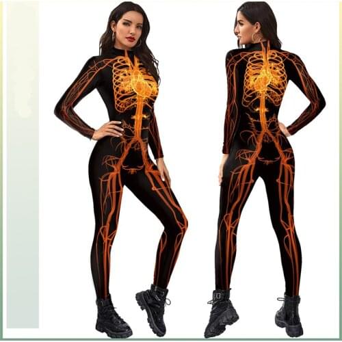 Halloween Aldult Cosplay Women Jumpsuit Digital Print Human Body Orange Meridian Tights Blackstage Performance Suit Men Scary