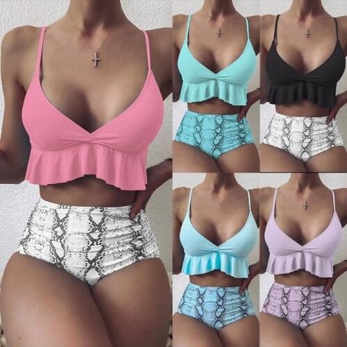 High Waist Bikinis Push Up Swimwear Women Snake Print Swimsuits Ruffle Biquini Pink Bathing Suits 2021 New Plus Size Swim Suit