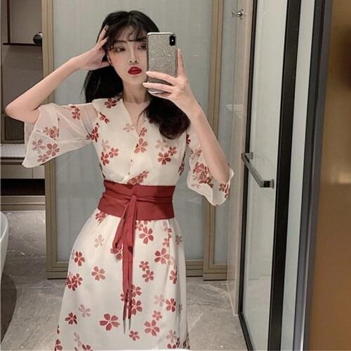 2021 New Summer High Waist Slim Retro Style Short Sleeve Floral Chiffon Chinese Large Women Dress