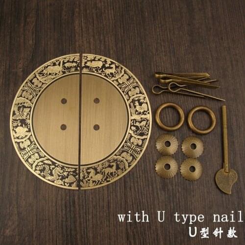 1 set family decoration twelve zodiac round pure copper handheld antique furniture cabinet wine cabinet double open door