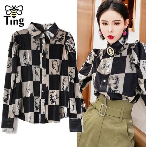 Tingfly Vogue Winter Autumn Marilyn Monroe Print Casual Blouses Retro Chic Button Up Blusas Female Shirts Plus Size 2XL Blouses