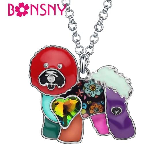 BONSNY Rhinestone Crystal Enamel Alloy Floral Curly Hair Bichon Dogs Necklace Pendant Fashion Pets Jewelry For Women Girls Gifts