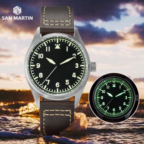 San Martin Pilot Titanium Vintage Military Automatic Mechanical Men Watch NH35 Leather Strap Waterproof Luminous Watches for Men