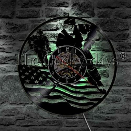 Ice Hockey Vinyl Record Wall Clock Modern Design Group Sport Hockey Players LED Night Light Hockey Coach Lovers Gift
