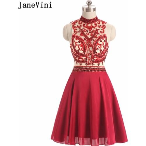 JaneVini Luxury Beading Red Short Homecoming Dresses A Line High Neck Sleeveless Taffeta Backless Vestido Graduacion Plus Size