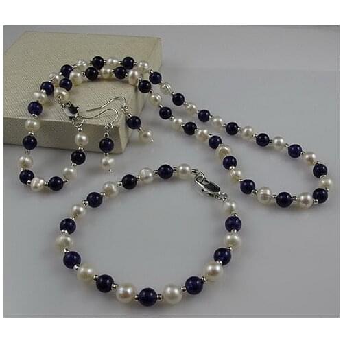 6-7mm Blue Lapises With Freshwater Cultured Choker Pearl Necklace For Girl Real Pearl Necklace Bracelet Earrings Jewelry Set