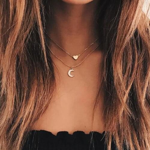 Korean Fashion Double Layer Heart Choker Necklace for Women Delicate Simple Gold Moon Crystal Pendant Necklace Boho Jewelry
