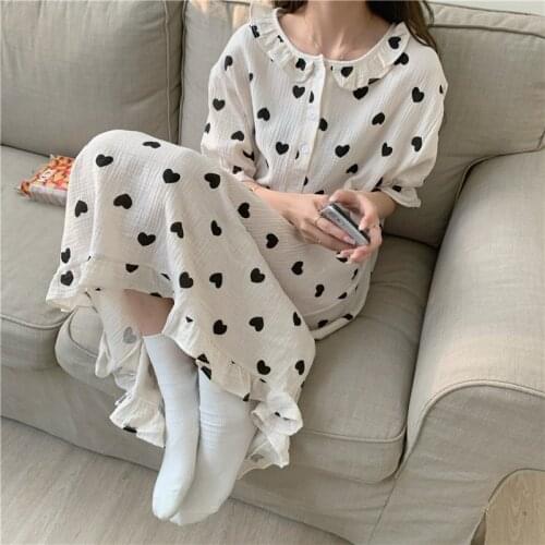 Black Heart Summer Nightgown Kawaii Ruffles Short Sleeve Loose Cotton Homewear Sleepwear Sweet Korean Home Clothes 2021