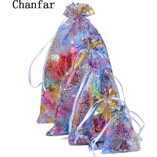 Chanfar 50pcs/lot Colored Branch Pattern Organza Bags Favor Wedding Organza Christmas Gift Bags Drawable Packaging Bags Pouches