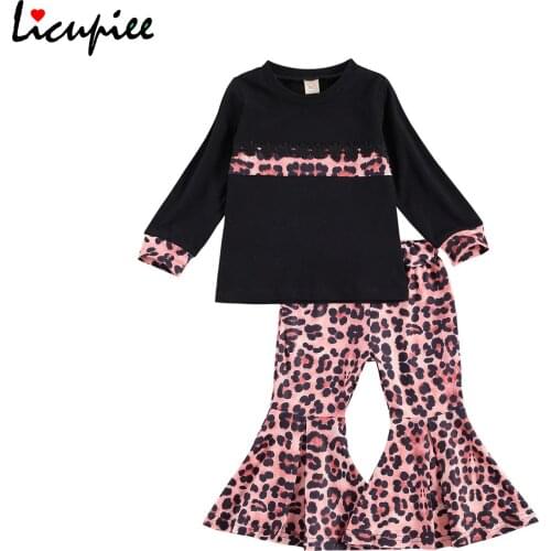 Girls 2pcs Clothes Suit, Long Sleeve Pullover T-shirt Top with Leopard Printed Flare Pants for Spring Autumn 1-6 Years