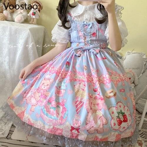 Japanese Sweet Cake Bear Print Lolita JSK Dress Girls Gothic Lace Bow Sleeveless Princess Dresses Women Kawaii Tea Party Dress