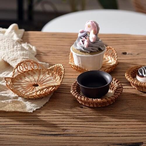 Rattan Woven Storage Tray Desktop Cup Coaster Fruit Holder Photography Props Heat Insulation Cup Mat American Furniture Basket