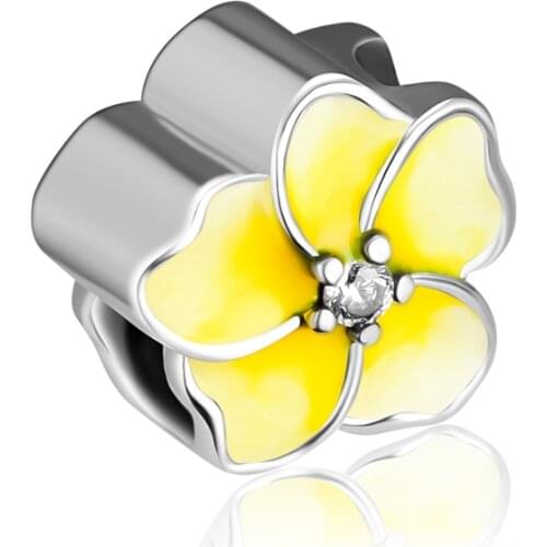 Fits for Pandora Charms Bracelets Orchid Beads with Clear CZ & Yellow Enamel 100% 925 Sterling Silver Jewelry Free Shipping