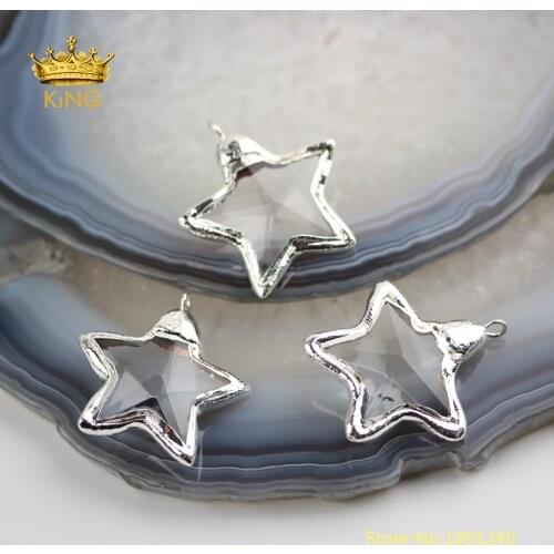 10PCS Star Glass Pendants,35mm Bezel Glass Stars Charms Fine Jewelry,Clear Glass Plated Silvery Copper Crystal Necklace YT94